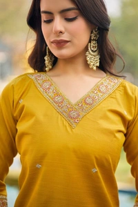 DESI HOOR Mustard Embroidered Straight Kurta Set with Pant & Contrast Dupatta - Bird Flower, S