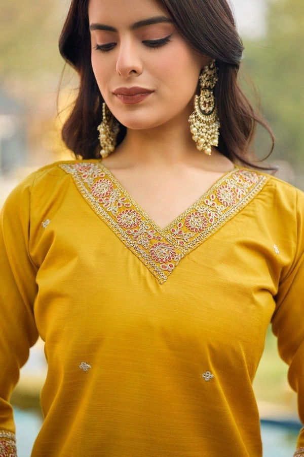 DESI HOOR Mustard Embroidered Straight Kurta Set with Pant & Contrast Dupatta - Bird Flower, S
