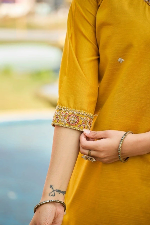 DESI HOOR Mustard Embroidered Straight Kurta Set with Pant & Contrast Dupatta - Bird Flower, S