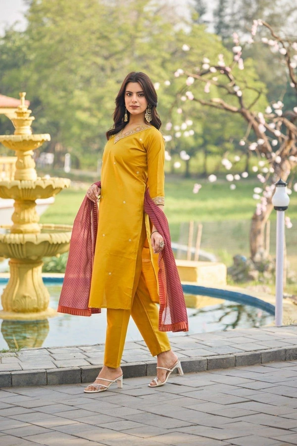 DESI HOOR Mustard Embroidered Straight Kurta Set with Pant & Contrast Dupatta - Bird Flower, S