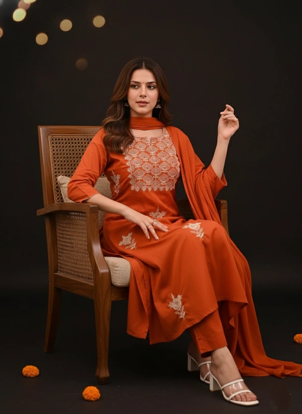 DESI HOOR Women’s Rust Orange Embroidered Kurta Set with Dupatta - Meteor, S