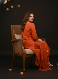 DESI HOOR Women’s Rust Orange Embroidered Kurta Set with Dupatta - Meteor, S