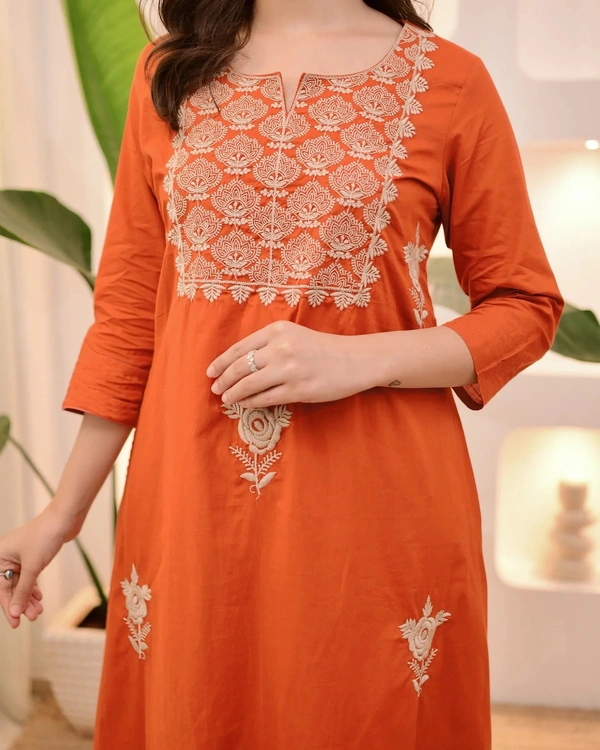 DESI HOOR Women’s Rust Orange Embroidered Kurta Set with Dupatta - Meteor, XXL