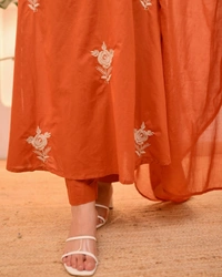 DESI HOOR Women’s Rust Orange Embroidered Kurta Set with Dupatta - Meteor, XXL