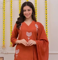 DESI HOOR Women’s Rust Orange Embroidered Kurta Set with Dupatta - Carrot Orange, S