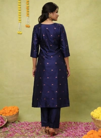 DESI HOOR Women’s Navy Blue Woven Kurta with Dupatta Set - Arapawa, XXL