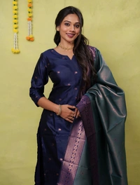 DESI HOOR Women’s Navy Blue Woven Kurta with Dupatta Set - Arapawa, XXL