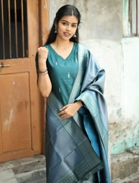 DESI HOOR Women’s Blue Woven Kurta with Dupatta Set - Blue Stone, L