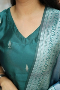 DESI HOOR Women’s Blue Woven Kurta with Dupatta Set - Blue Stone, S