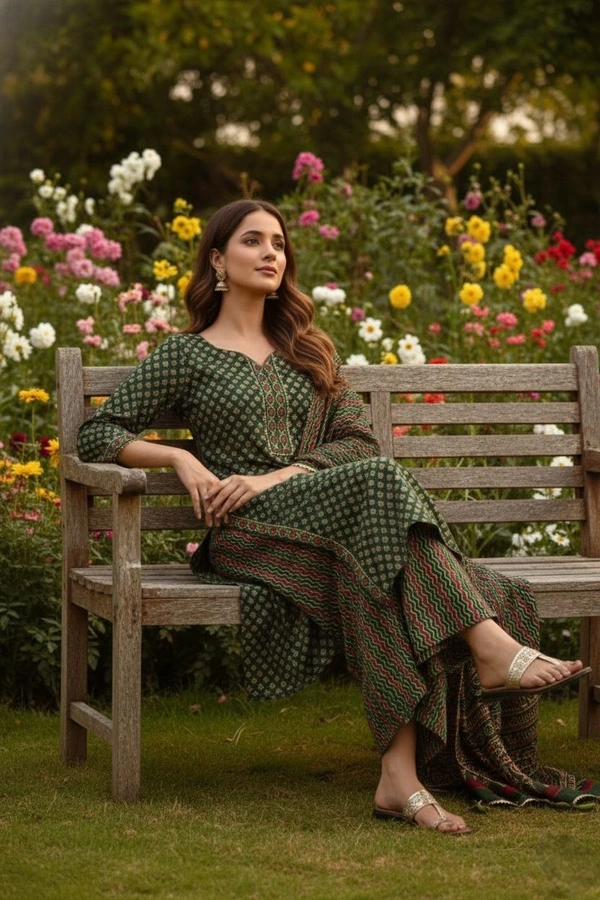 DESI HOOR Women’s Green Cotton Printed Straight Kurta with Palazzo & Dupatta Set - Killarney, S