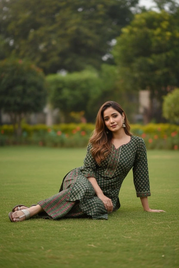 DESI HOOR Women’s Green Cotton Printed Straight Kurta with Palazzo & Dupatta Set - Killarney, S