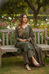 DESI HOOR Women’s Green Cotton Printed Straight Kurta with Palazzo & Dupatta Set - Killarney, S