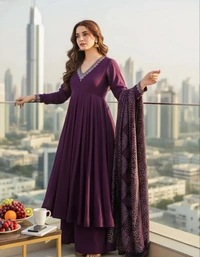 DESIHOOR Women’s Purple Anarkali Kurta Set with Chanderi Bandhani Dupatta & Embroidered - Clairvoyant, XL