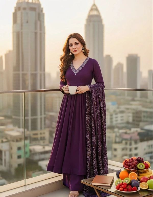 DESIHOOR Women’s Purple Anarkali Kurta Set with Chanderi Bandhani Dupatta & Embroidered - Clairvoyant, XL