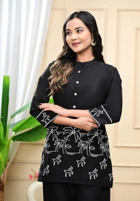 DESI HOOR CO-Oder Set Embroidered Heavy Rayon Fabric - Black, XL