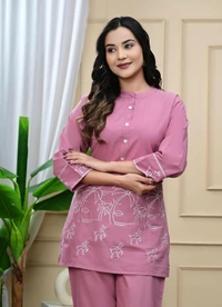 DESI HOOR CO-Oder Set Embroidered Heavy Rayon Fabric - Tickle Me Pink, XXL