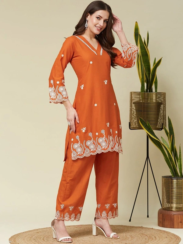 DESI HOOR Women’s Rust Orange Embroidered Kurta Pant Set - Carrot Orange, L