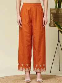 DESI HOOR Women’s Rust Orange Embroidered Kurta Pant Set - Carrot Orange, L