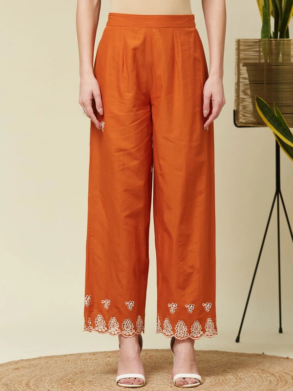 DESI HOOR Women’s Rust Orange Embroidered Kurta Pant Set - Carrot Orange, L