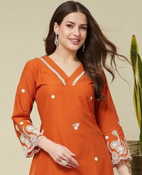 DESI HOOR Women’s Rust Orange Embroidered Kurta Pant Set - Carrot Orange, L