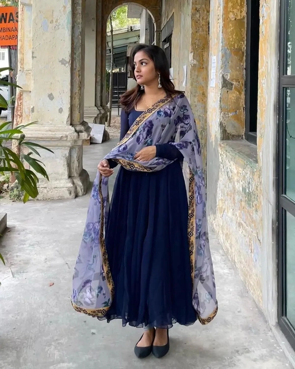 99 Fashion Bazzar Anarkali Flaired Gown With Printed Dupatta - Navy Blue, S