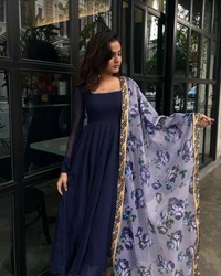99 Fashion Bazzar Anarkali Flaired Gown With Printed Dupatta - Navy Blue, S