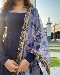 99 Fashion Bazzar Anarkali Flaired Gown With Printed Dupatta - Navy Blue, S