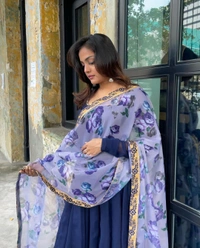 99 Fashion Bazzar Anarkali Flaired Gown With Printed Dupatta - Navy Blue, S