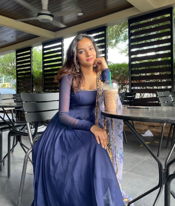 99 Fashion Bazzar Anarkali Flaired Gown With Printed Dupatta - Navy Blue, S