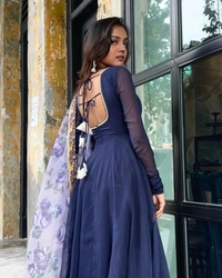 99 Fashion Bazzar Anarkali Flaired Gown With Printed Dupatta - Navy Blue, S