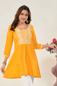 99 Fashion Bazaar Casual Wear Embroidered Flaired Top - Corn, XXL