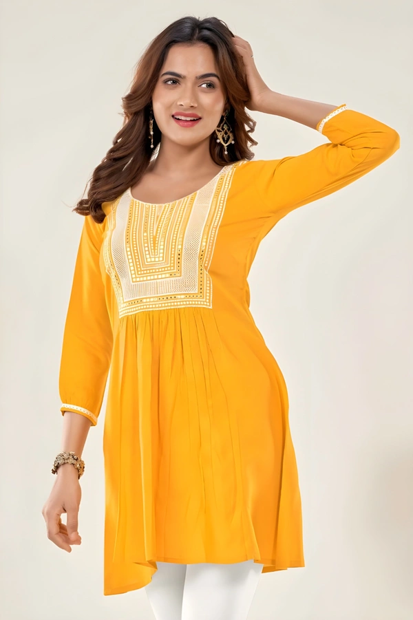 99 Fashion Bazaar Casual Wear Embroidered Flaired Top - Corn, XXL