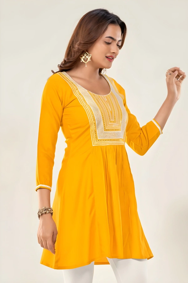 99 Fashion Bazaar Casual Wear Embroidered Flaired Top - Corn, XXL