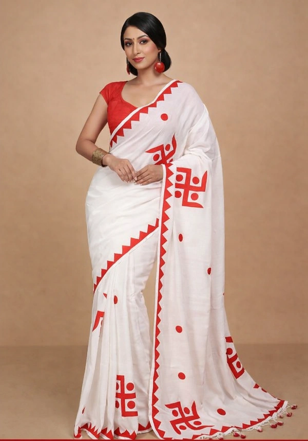 Women's Cotton Khesh Applique Work Sarees with Swastik Design