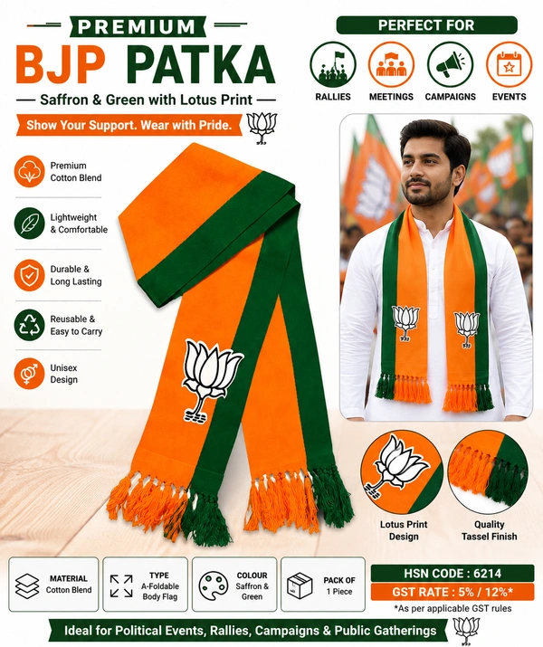 Premium BJP Patka Multicolour Political Body Flag Scarf | Cotton A-Foldable Patka | Pack of 1