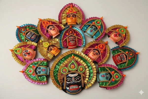 Handcrafted Mini Purulia Chhau Masks - Assorted Mythological Characters | Traditional Bengal Folk Art for Home Decor & Gifting