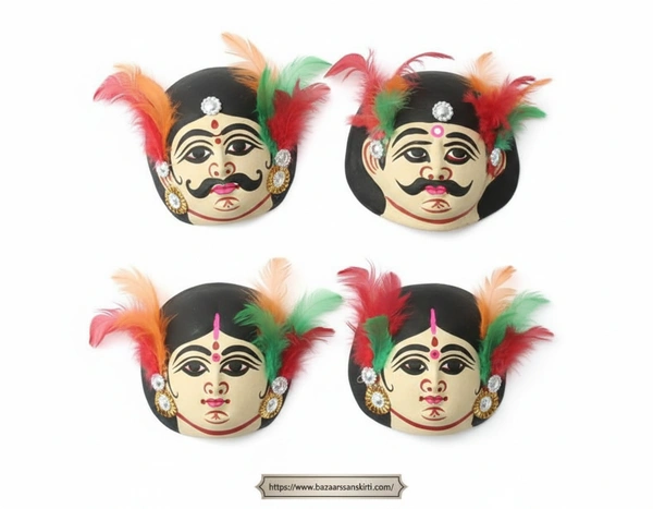 Authentic Handcrafted Tribal Chhau Mask Couple (Husband & Wife) - Traditional Bengal Folk Art