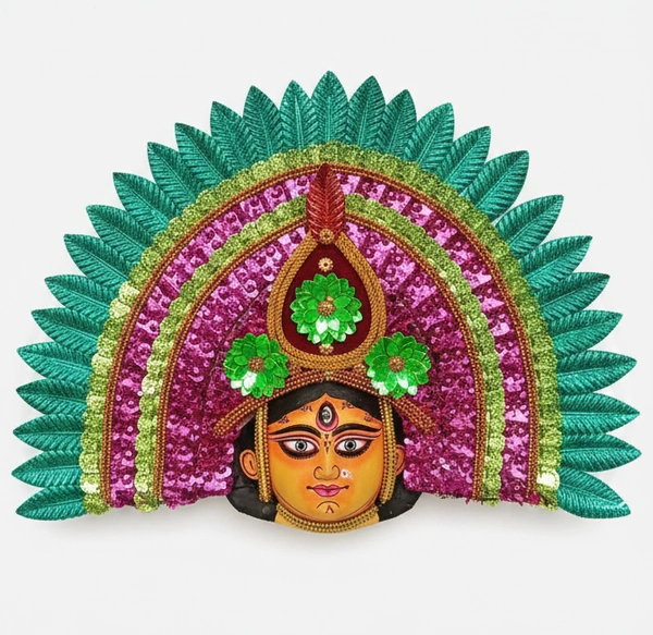 Handcrafted Durga Chhau Mask - Vibrant Green & Magenta Edition | Traditional Folk Wall Decor | Performance Grade Art