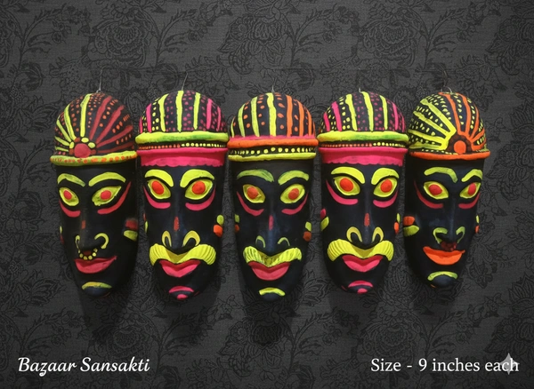 Handcrafted Purulia Chhau Hunter Masks - Traditional Kirati Folk Art (9-Inch Set)- Pack -1