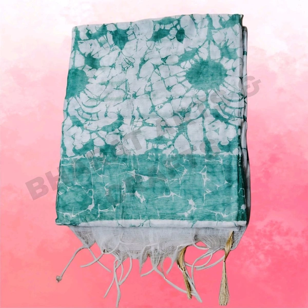 Batik Cotton Silk Saree With Golden Small Border - Green