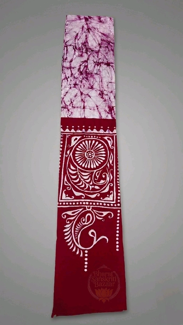 Shantiniketan Traditional Batik & Kalka Design Cotton Uttorio (White & Red) - 2.20mtr (L) x 17inch (W)