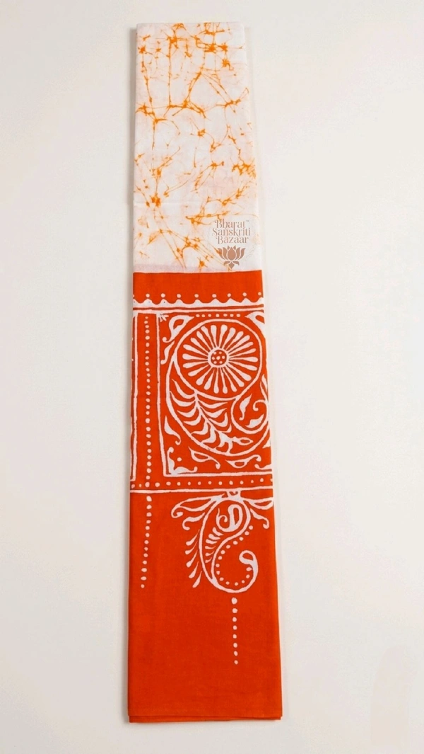 Shantiniketan Traditional Batik & Kalka Design Cotton Uttorio (White & Orange)