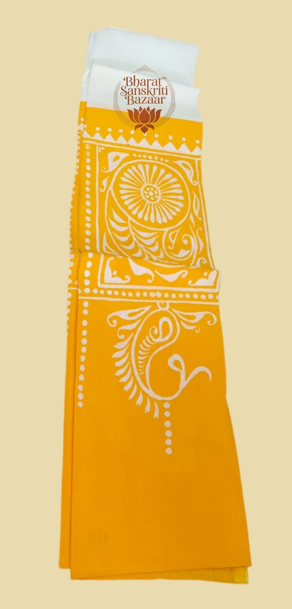 Shantiniketan Prakriti Dhara Batik Uttario (White & Yellow) - 2mtr (L) x 17inch (W)