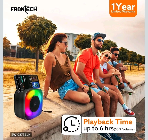 FRONTECH 15W Portable Wireless Multimedia Speaker with Bluetooth 5.3, FM, USB, TF Card, Mobile Holder, RGB LED Lights, 6 Hrs Playback, 1000mAh Battery, 1 Year Warranty (SW-0273BLK)