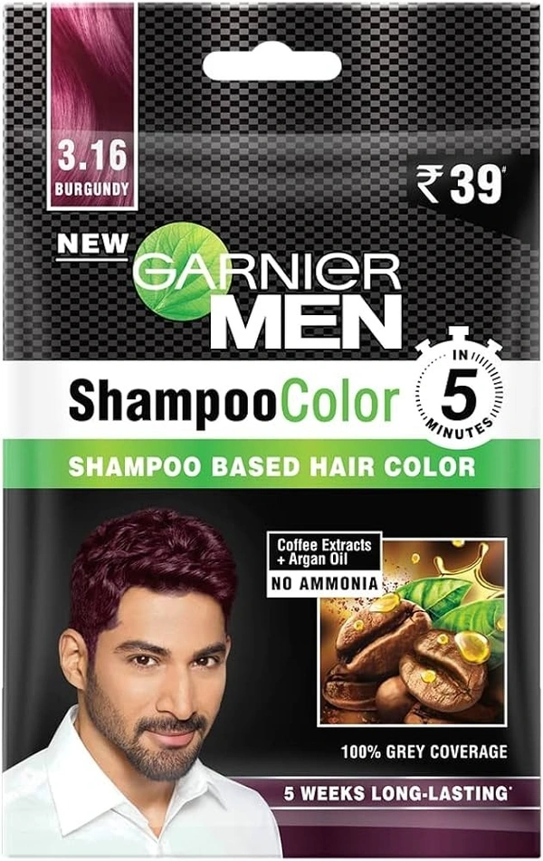 Garnier Men Shampoo Color Shade 3.16 Burgundy, 10ml + 10ml - 10 ml + 10 ml