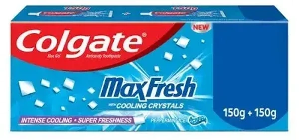 Colgate MaxFresh Toothpaste, Blue Gel Paste with Menthol for Super Fresh Breath, 300g, 150g X 2 (Peppermint Ice, Saver Pack), 300 g - 300g