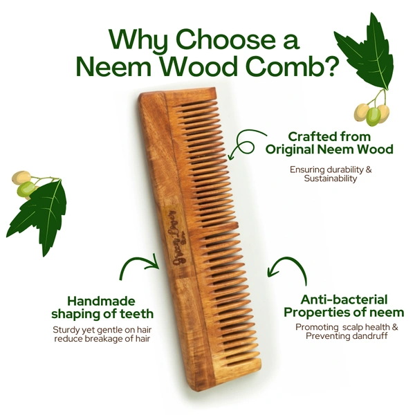 Greenloverstore 100% Pure Oil Treated Neem Wooden Dual Side Comb From Kerala 
