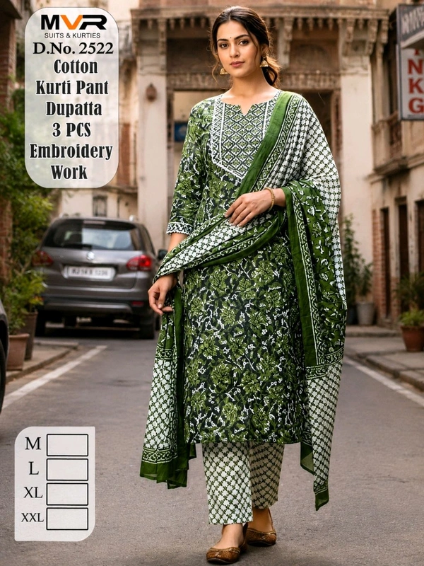 Three piece cotton kurti set - L, green