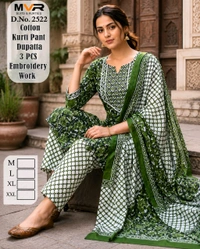 Three piece cotton kurti set - L, green