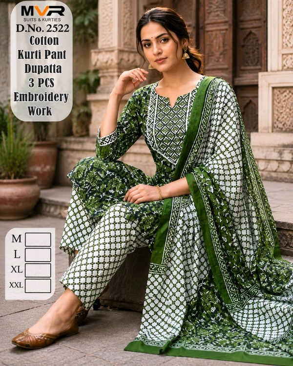 Three piece cotton kurti set - L, green